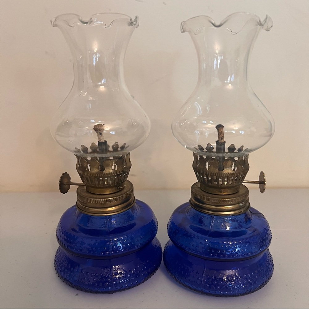 Vintage Cobalt Blue Hobnail Oil Lamps (Pair)